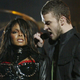 Janet Jackson and surprise guest Justin Timberlake perform during the halftime show at Super Bowl XXXVIII on February 1, 2004 in Houston, Texas.